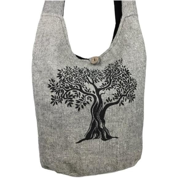 Large Sling Crossbody Shoulder Bag Purse Hippie Hobo Gypsy Bohemian, Grey Tree - Picture 5 of 7
